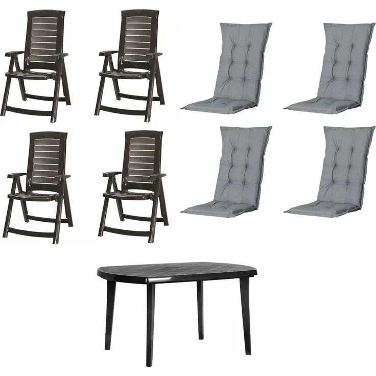 SET Aruba 4 x Klappsessel graphit, 1 x Tisch graphit, 4 x Auflage grau