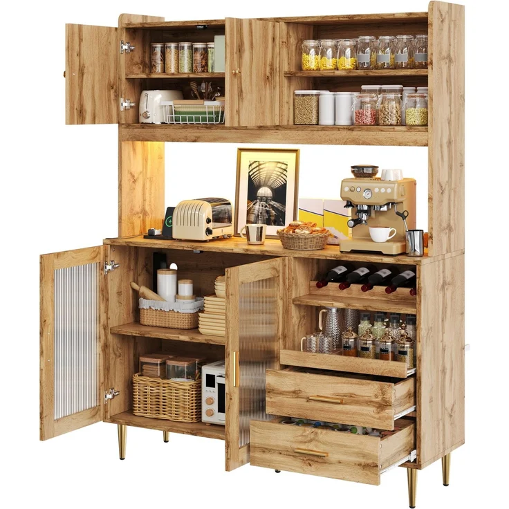 Küchenschrank 130 x 40 x 172 cm in Natur mit RGB-LED-Beleuchtung und ausziehbaren Einlegeböden – Bild 8