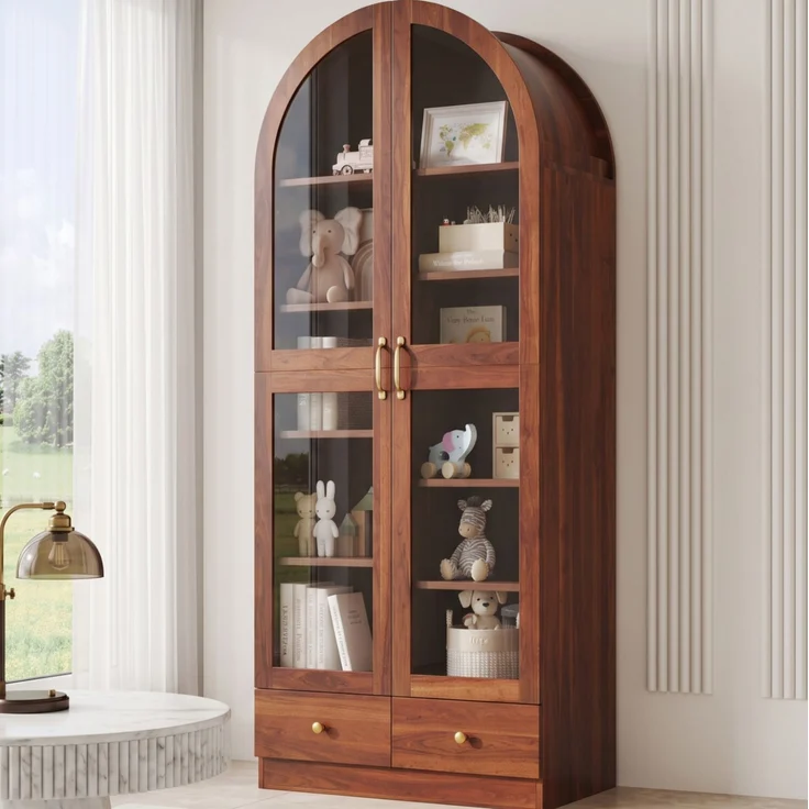 Vitrine aus MDF und Glas mit Bogenprofil und 2 Schubladen, 76x40x180 cm, Nussbaum-Optik – Bild 2