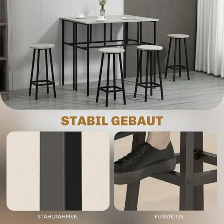 HOMCOM Bargruppe Bartisch-Set im Industriedesign, (Set, 6-tlg), 6-teilig Essgruppe 2 Bartisch mit 4 Stühlen Grau, Schwarz – Bild 9
