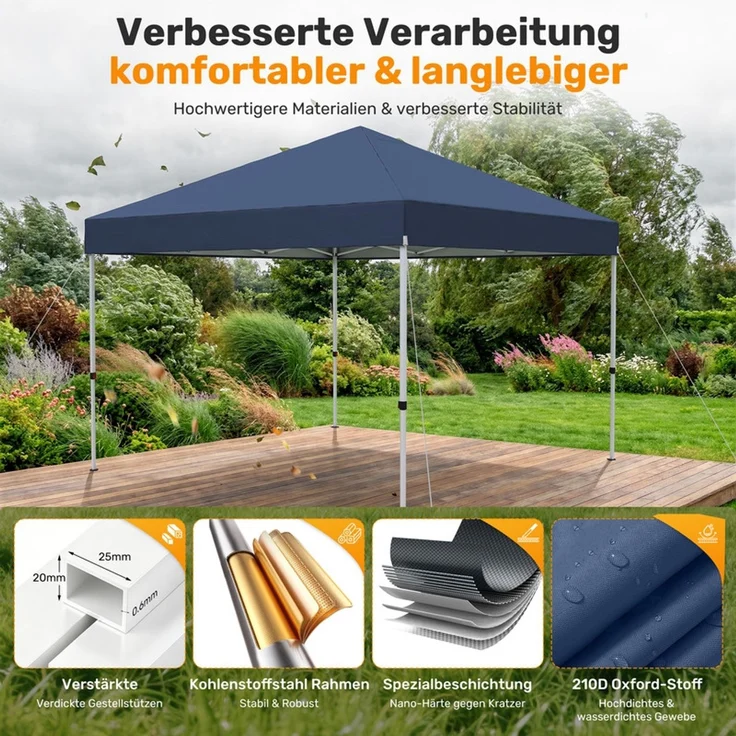 Hawthyhome Faltpavillon 3x3m Pop Up Partyzelt, wasserdicht & UV-Schutz 50+, One-Touch-Schnellaufbau, 3 Höhenstufen, stabiles Kohlenstoffstahl-Gestell, inkl. Tragetasche, für Garten, Camping & Outdoor, Blau – Bild 5