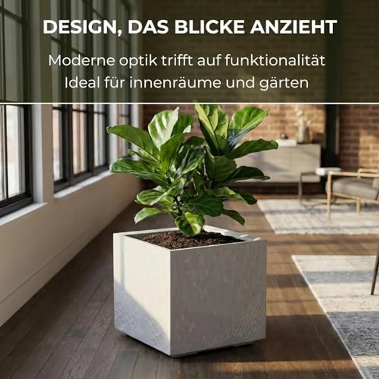 LAMELA Pflanzkübel mit Rollen 40 cm, 36L – Blumentopf aus Kunststoff in Betonoptik – Übertopf mit Wasserablauf – Modern für Innen & Außen - Wetterfest & Pflegeleicht, Hellgrau – Bild 4