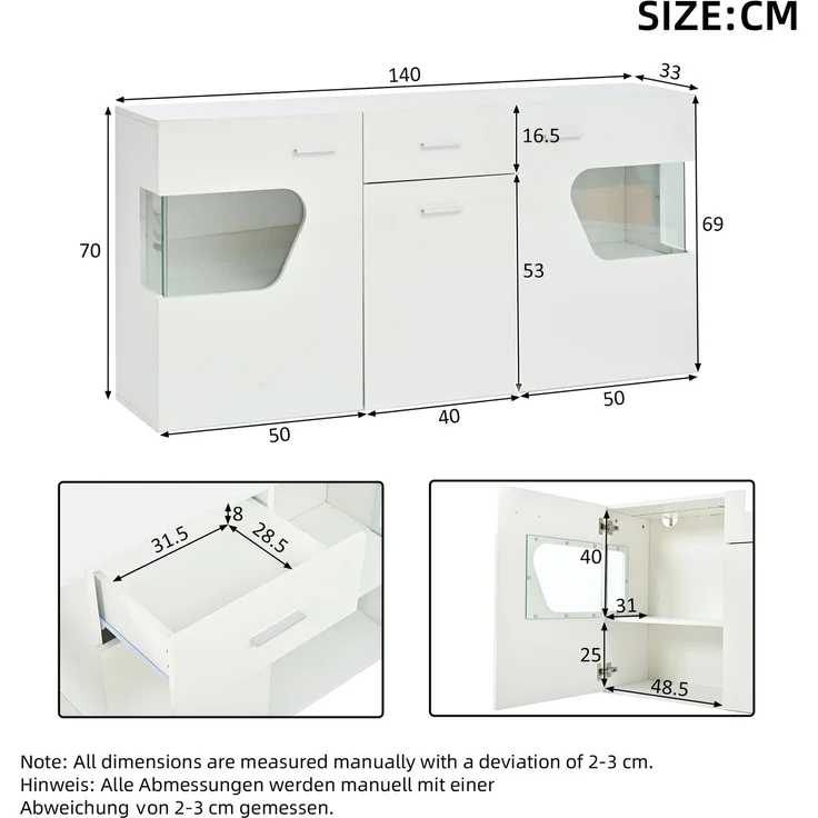 DESVIAE Sideboard Weiß aus MDF – 140x70x33 cm – 3 Türen, Schublade, LED-Beleuchtung – Bild 10
