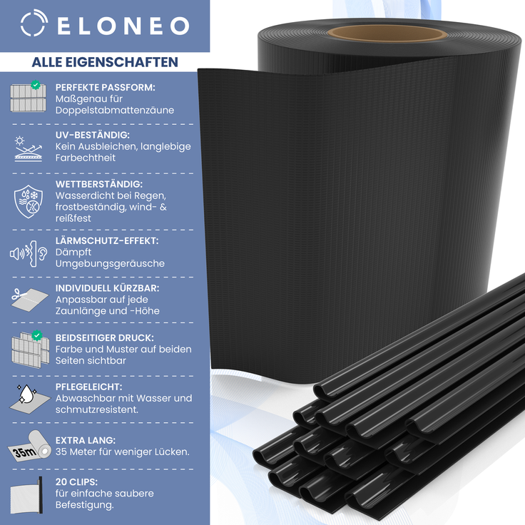ELONEO PVC Sichtschutzstreifen für Doppelstabmattenzaun, 35m x 19cm, 1er-Set Dunkelgrau – Bild 2