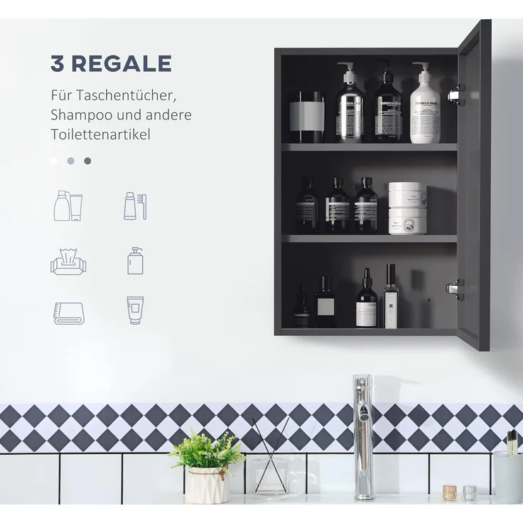 Kleankin Spiegelschrank Badspiegelschrank mit 3 Schichten (Hängeschrank, 1-St, Wandschrank für Badezimmer) Edelstahl, Schwarz, 40 x 15 x 60 cm – Bild 5