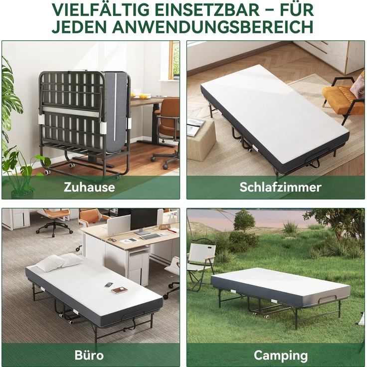 190 × 96 cm Klapp-Twin-Bett mit 9,5 cm Memory-Foam-Matratze, tragbares Gästebett/Rollbett, stabiler Metallrahmen--Schwarz--190x96x43cm--YOUDENOVA – Bild 8