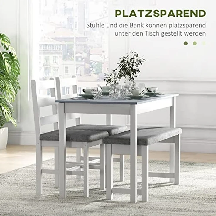 HOMCOM Essgruppe Esstisch mit 2 Gepolsterten Stühlen, Bank, (Esszimmergruppe, 4-tlg, Esstisch-Set), für Küche, Esszimmer, Kiefernholz, Grau+Weiß – Bild 5