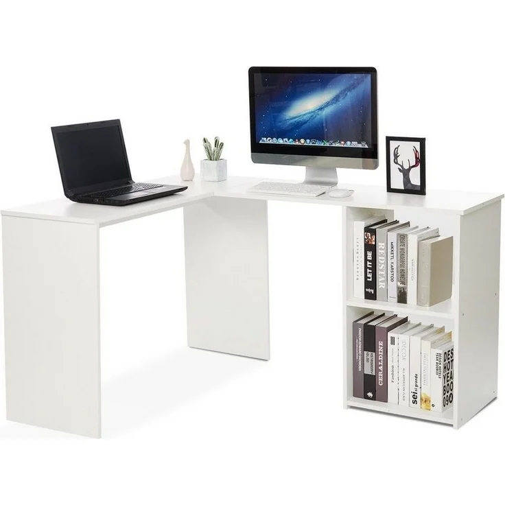 Mondeer Eckschreibtisch L-Computertisch, L-Förmig Schreibtisch mit 2 Ablagen, Weiß – Bild 1