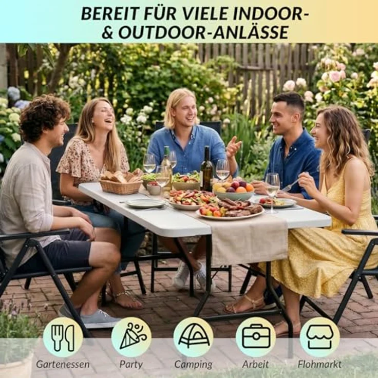 Velway Buffettisch Gartentisch klappbar mit Koffergriff - 180 x 74 x 74 cm Wetterfest Kunststoff Klapptisch Leicht zu Reinigen für Garten Terrasse Balkon Camping Partytisch Campingtisch - Weiß – Bild 3