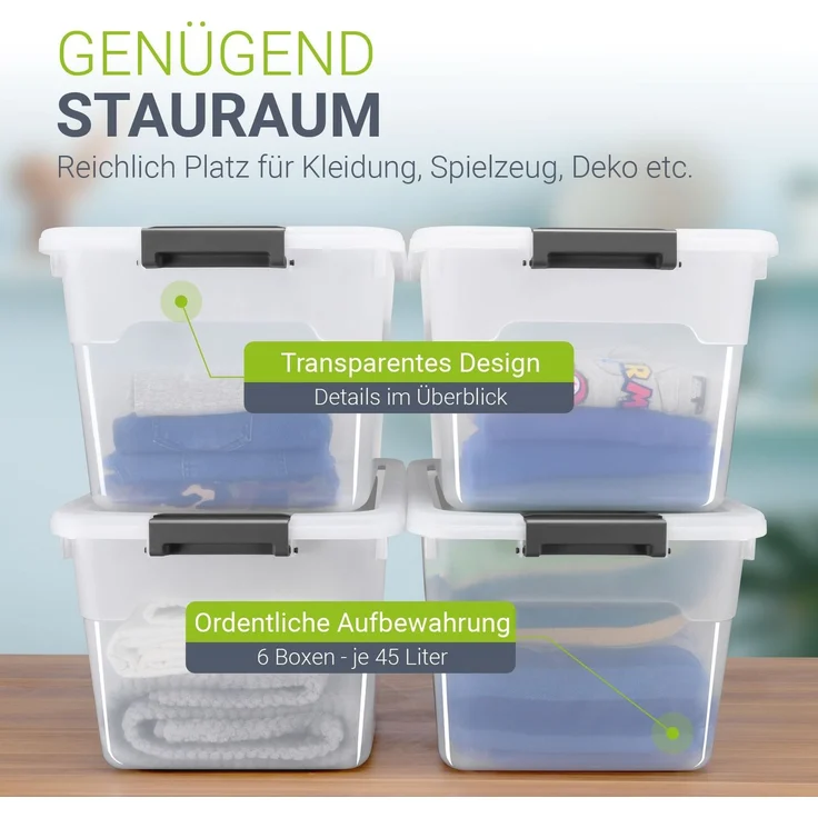 Juskys Aufbewahrungsbox mit Deckel, 6er-Set, stapelbar, Kunststoff transparent, 45 Liter – Bild 5