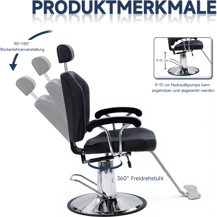HOME NATURE WOHNKONZEPT Friseurstuhl hydraulisch, Barberstuhl höhenverstellbar, 360° drehbar, mit verstellbarer Kopfstütze, Kunstleder, Schwarz – Bild 3