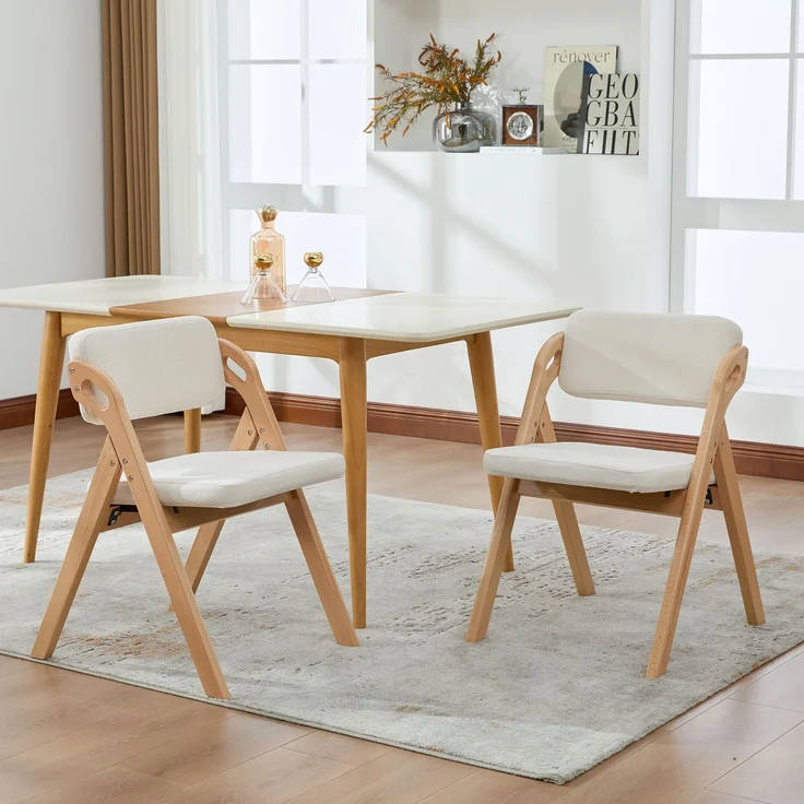 Klappbarer Esszimmerstuhl, H 77 x T 59 x B 52 cm, Buche mit Leinenpolster, Beige, 2er-Set – Bild 3