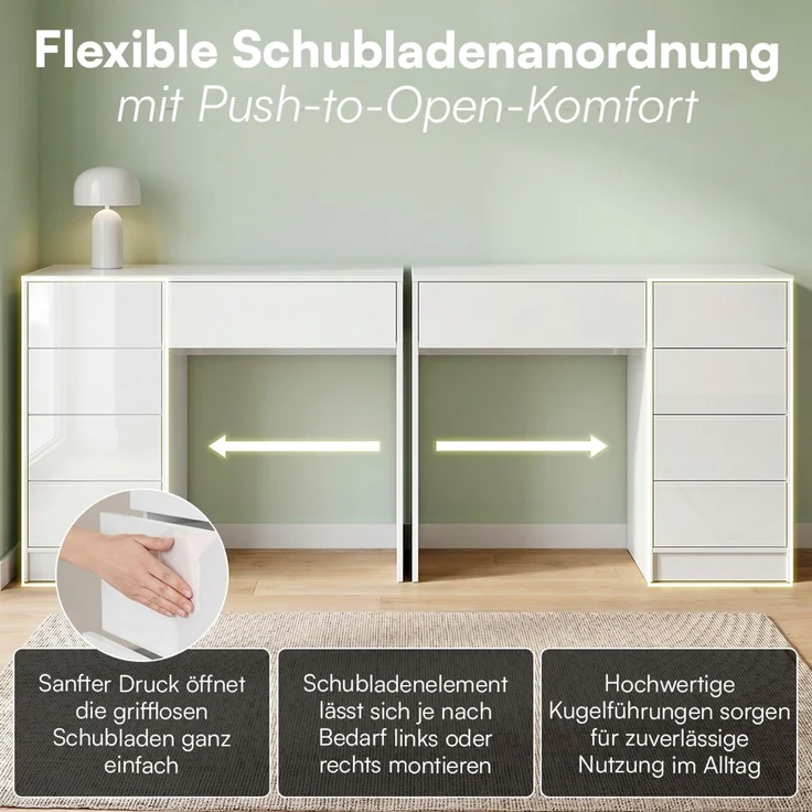 Bellamio 'Livny' Set aus Schreibtisch und Wolkenstuhl, mit 5 Schubladen, beidseitig montierbar, 80x53x110 cm, Computertisch mit Stauraum, Bürotisch mit Push-to-open, geeignet als Schminktisch, weiß hochglanz – Bild 3
