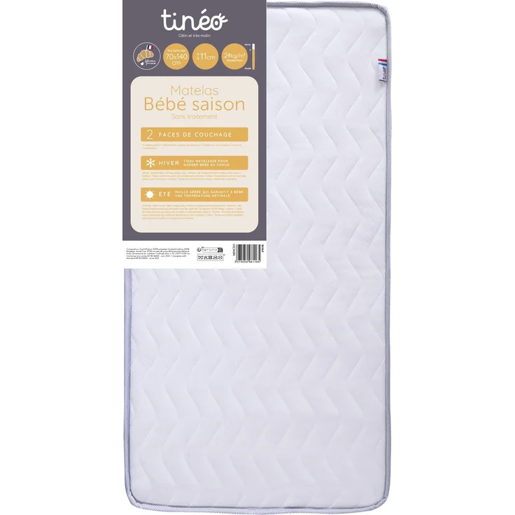TINÉO - Babymatratze Season 70 x 140 x 11 cm – 2 Seasons – 1 Sommerseite – 1 Seite Winter – Keine Behandlung – Dichte 24 kg/m³ –