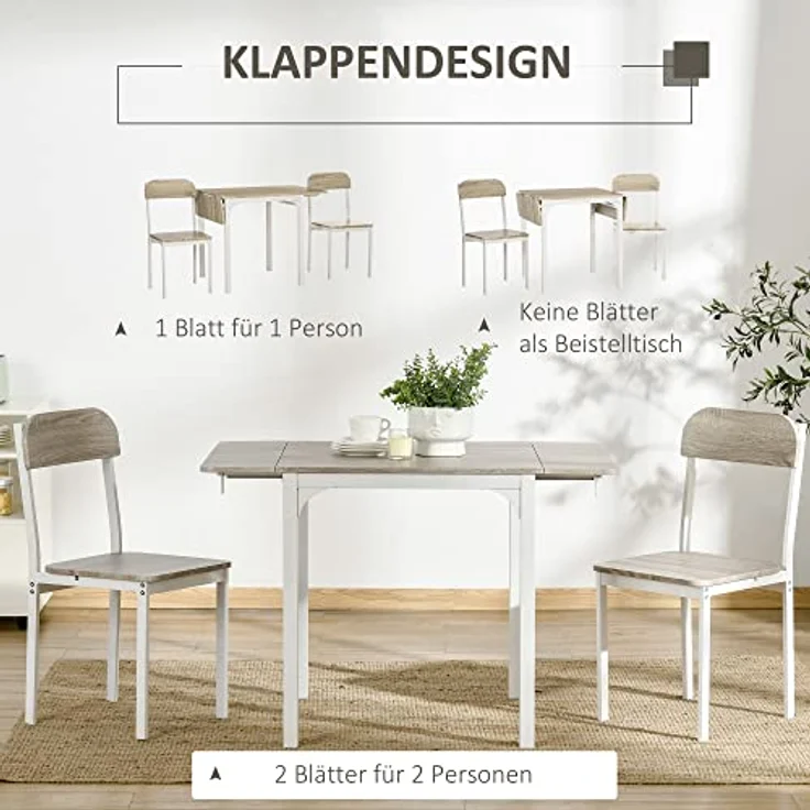 HOMCOM Essgruppe, 3-teiliges Set mit Klapptisch und 2 Stühlen, Natur/Weiß, platzsparend, 70x75x110 cm – Bild 4