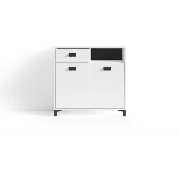 byLIVING Badezimmer Kommode WELLNESS in Melamin weiß, Griffe aus Metall in schwarz / Badschrank mit einer Schublade und zwei Türen / B 80,5, H 77,5, T 31 cm – Bild 3