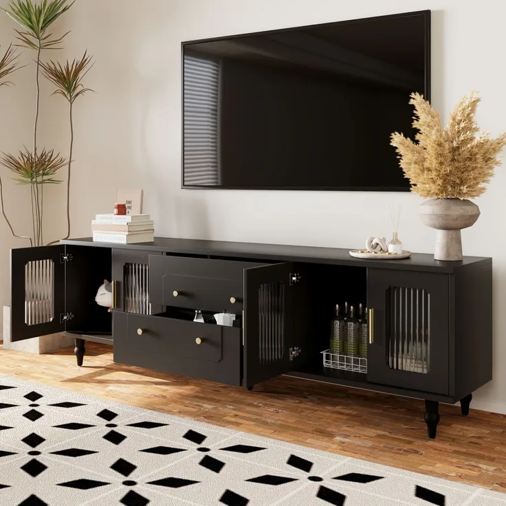 TV-Schrank 175 cm Schwarz mit Rattan-Türen, Push-to-Open Schubladen, mit goldenen Griffen und Stützfüßen