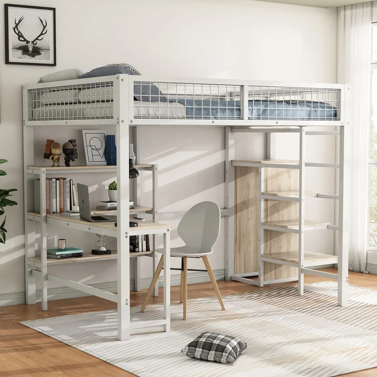 Hochbett, 140*200 cm, Eisenbett, Ablageleiter, mehrere Regale, Ohne Matratze, Einbauschrank, Schreibtisch, Weiß – Bild 1
