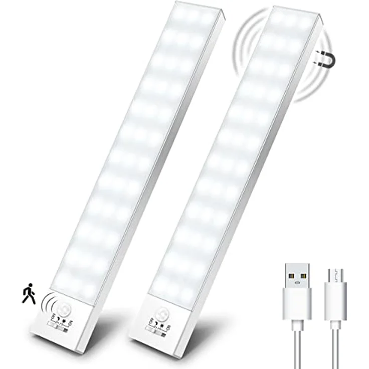 OUILA Schrankbeleuchtung LED mit Bewegungsmelder 2 Stück Schranklicht Schrankleuchte Led Leiste Batterie USB Wiederaufladbar Unterbauleuchte Küche für Kleiderschrank, Treppe, Kofferraum, RV – Bild 1