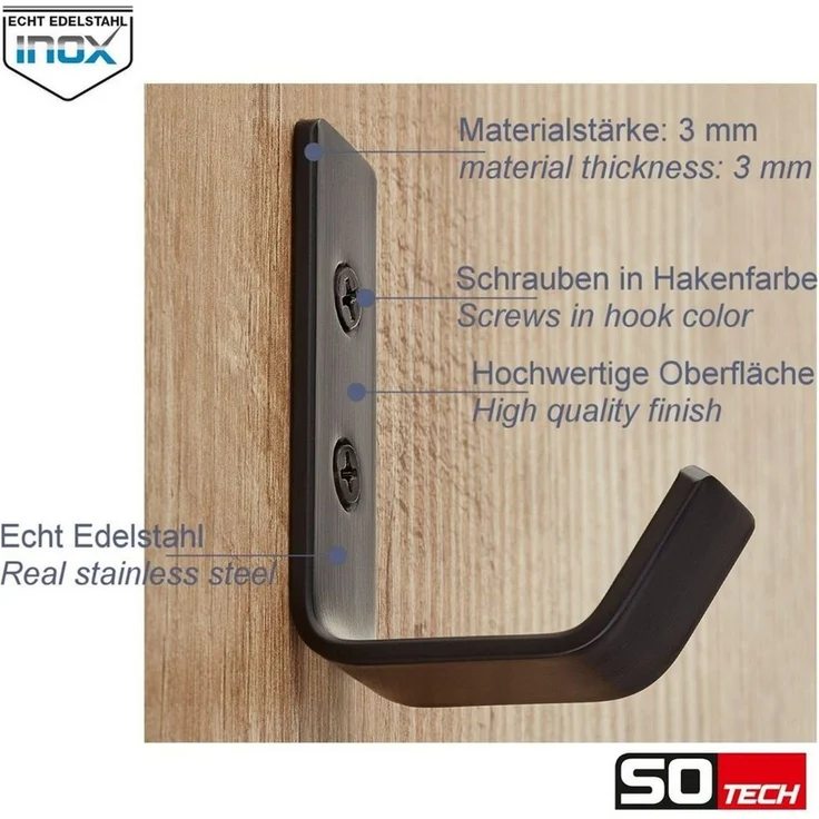 SO-TECH® Kleiderhaken Loxten 60 x 20 x 45 mm oder 142 x 20 x 45 mm Edelstahl, (10-St), verschiedene Farben Garderobenhaken Wandhaken bunt – Bild 3