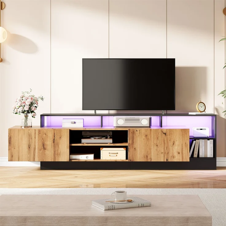 TV-Schrank in Holz & Schwarz,mit 2 herunterklappbare Türen, offene mittige Schubladen, LED-Fernbedienung 16 Farben 4 Modi – Bild 2