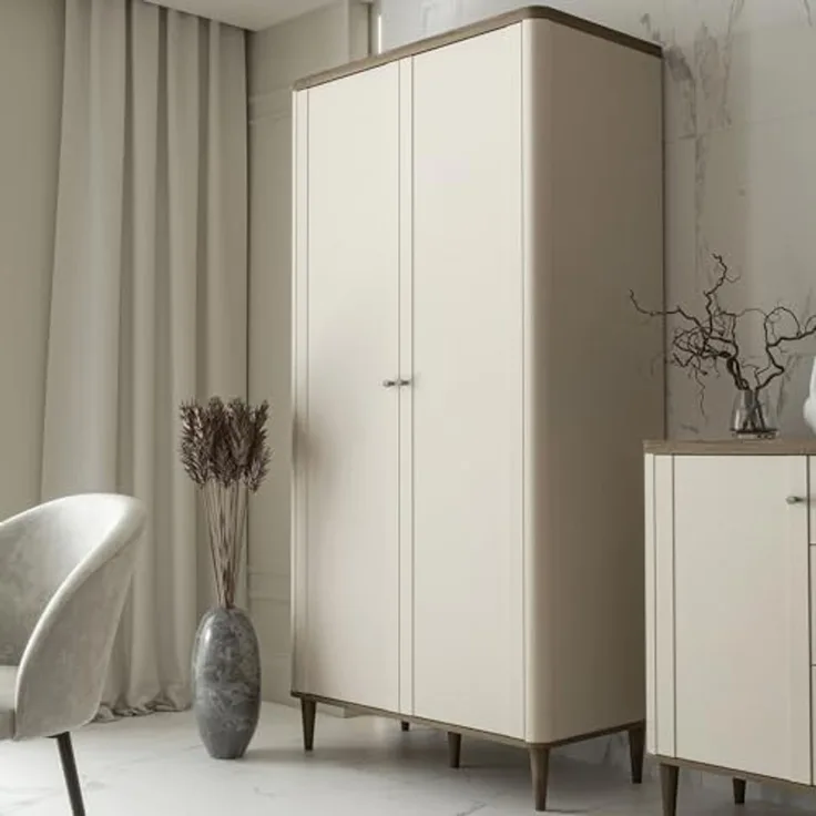 Forte LACETTI Kleiderschrank 100, moderner Schrank mit Skandi Lamellen Design, 2-türig, Schlafzimmer, Kaschmir | Beige mit Valencia Eiche Holzdekor, 100,1 cm breit x 200,5 cm hoch x 52,7 cm tief