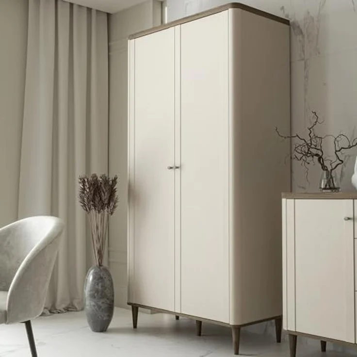 Forte LACETTI Kleiderschrank 100, moderner Schrank mit Skandi Lamellen Design, 2-türig, Schlafzimmer, Kaschmir | Beige mit Valencia Eiche Holzdekor, 100,1 cm breit x 200,5 cm hoch x 52,7 cm tief – Bild 1