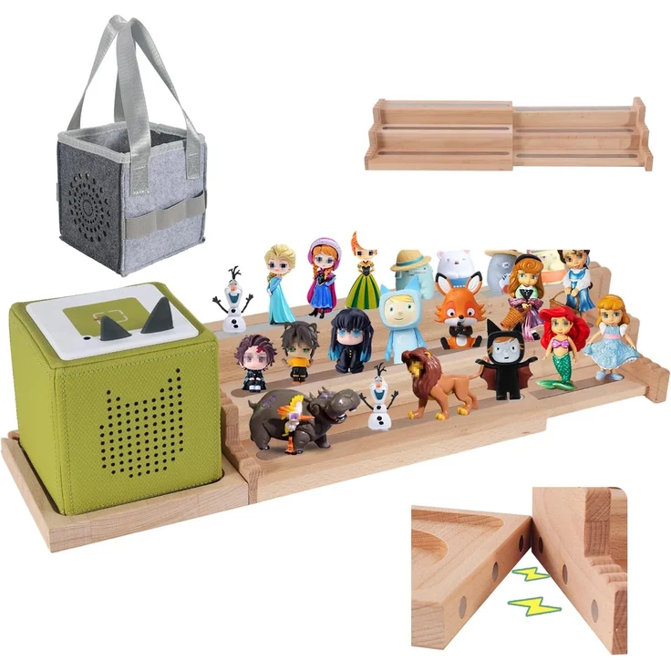 Givilio Expendable Wooden Tonie Shelf with Storage Steps - Extendable 3-Slot Organiser for Toniebox 1&2 and Tonie Figures, Perfect for Kids' Rooms & Play Areas (Natural)