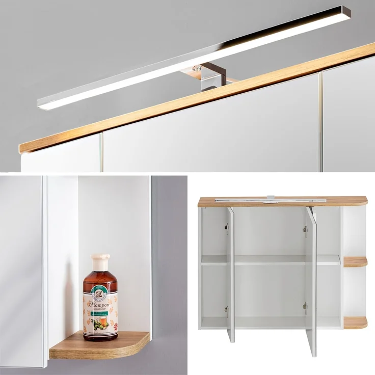Badmöbel-Set mit Keramik-Waschtisch CAMPOS-56, Hochglanz weiß mit Wotaneiche, 3 Hochschränke B/H/T: ca. 244/200/50 cm – Bild 8
