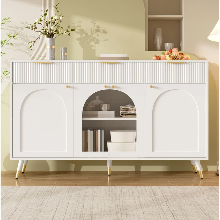 DESVIAE Sideboard Weiß aus MDF/Spanplatte – 140x85,5x40 cm – 4 Türen, 3 Schubladen – Bild 3