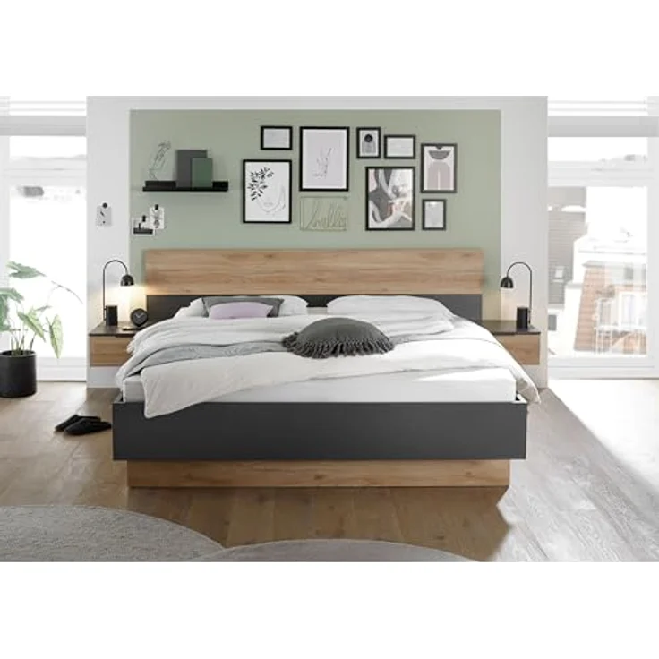 Stella Trading ASKA Stilvolle Doppelbett Bettanlage mit Nachtkommoden 180x200 cm - Schlafzimmer Komplett-Set in Graphit, Mauvella Eiche Optik - 285 x 95 x 205 cm (B/H/T) – Bild 5
