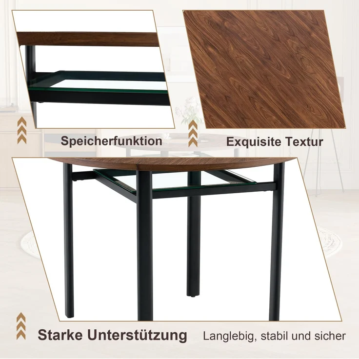 Essgruppe mit rundem Tisch Ø 100x76 cm, Glasablage & 4 PU-Stühlen, Braun/Schwarz – Bild 5