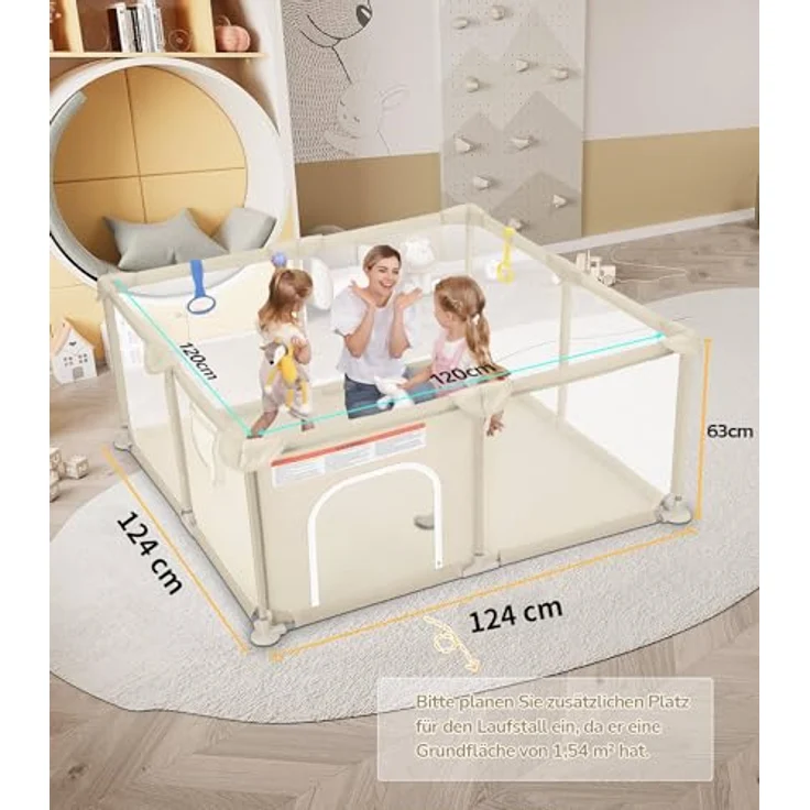 Dripex Laufstall Baby 124x124 cm, Laufgitter Baby, Laufstall mit atmungsaktivem Netz, Laufgitter 210D Oxford Gewebe, Playpen, kinderlaufstall, Braun – Bild 4