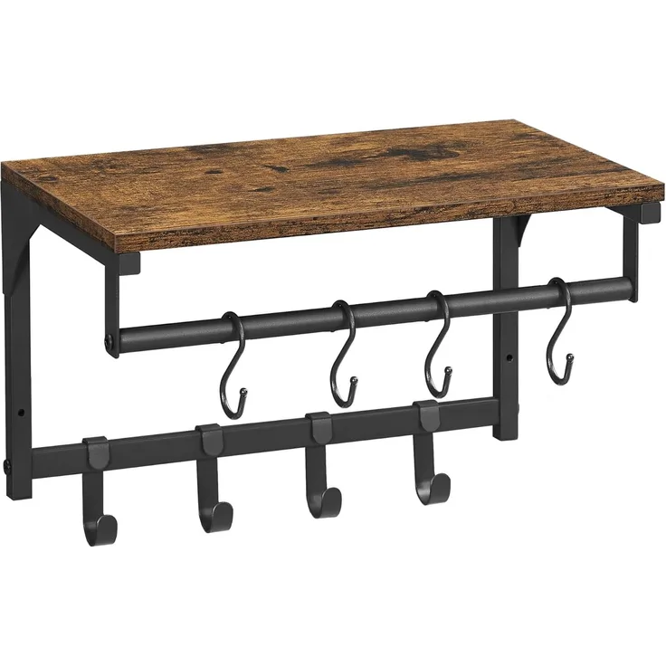 Vasagle Wandgarderobe, Wandregal, mit 8 abnehmbaren Haken, wandmontiertes Hängeregal mit Kleiderstange, für Flur, Schlafzimmer, vintagebraun-schwarz, von Songmics LCR103B01