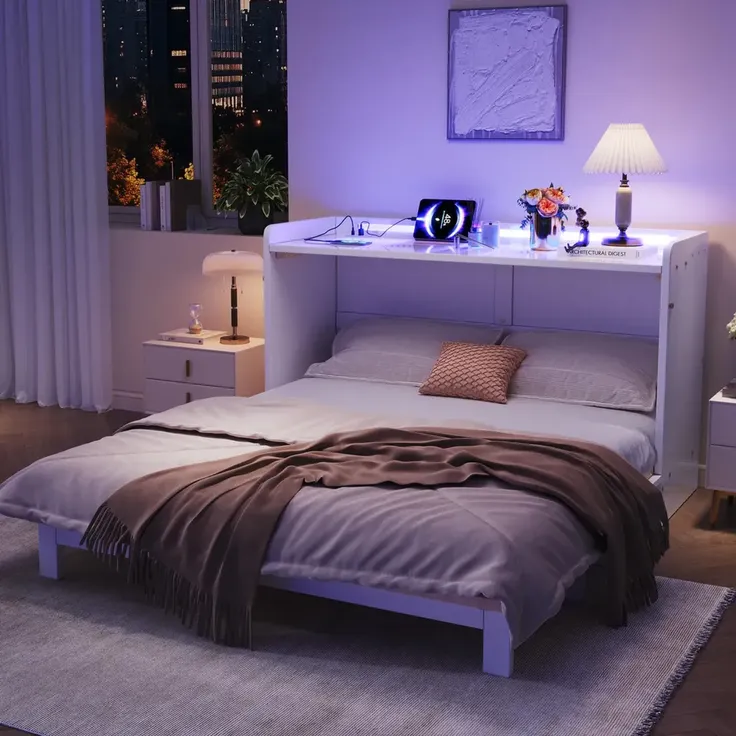 Schrankbett mit Mehrfachsteckdose, Schublade und RGB LED-Streifen, 140x200cm, Wandklappbett, horizontal klappbar, platzsparend – Bild 3