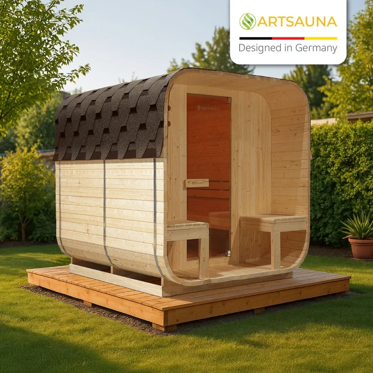Artsauna Fasssauna Nolvik XXL, Outdoor-Sauna aus Fichtenholz, 8 kW Ofen, LED, Komplettset mit Sanduhr, Eimer & Thermometer, winterfest, Cube Design – Bild 7