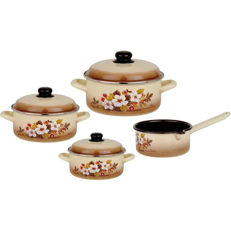 GSW Topf-Set Madeira, Stahl-Emaille (7-tlg, je 1 Kochtopf 16/20/24 cm, 1x Stielkasserolle 16 cm), ideal für Allergiker, Induktion – Bild 1