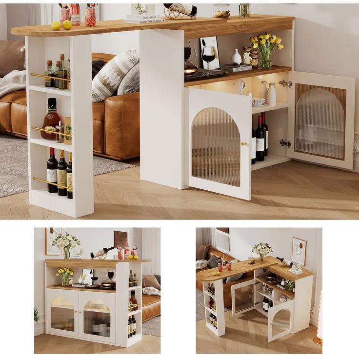 ZUBALIYA Drehbarer Bartisch 138–193 x 39 cm, mit Stauraum, mit LED-Beleuchtung, MDF, Weiß