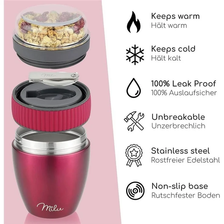 Milu Müslibox Müslibecher To Go Edelstahl 400 ml, isoliert, auslaufsicher, Müslimax Set – Bild 3