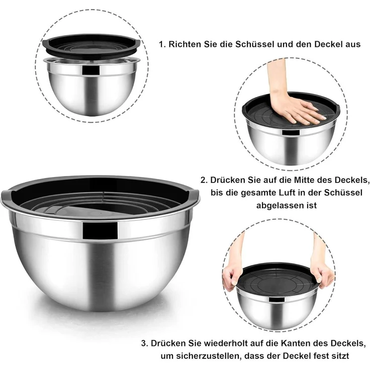 Homikit Rührschüssel Set Schwarz Edelstahl 5tlg mit Deckel für Küche – Bild 5