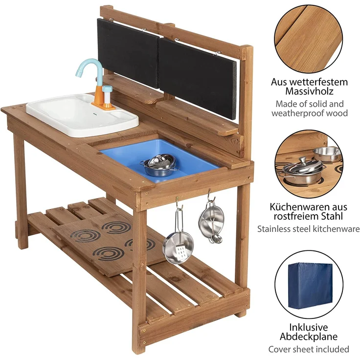 ONVAYA® Matschküche Braun Spielzeug-Gartenset »Matschküche aus Holz, Outdoor Spielküche mit Waschbecken und schwarzer Tafel, Inklusive Stauraum in der Kinderküche für Draußen – Bild 3