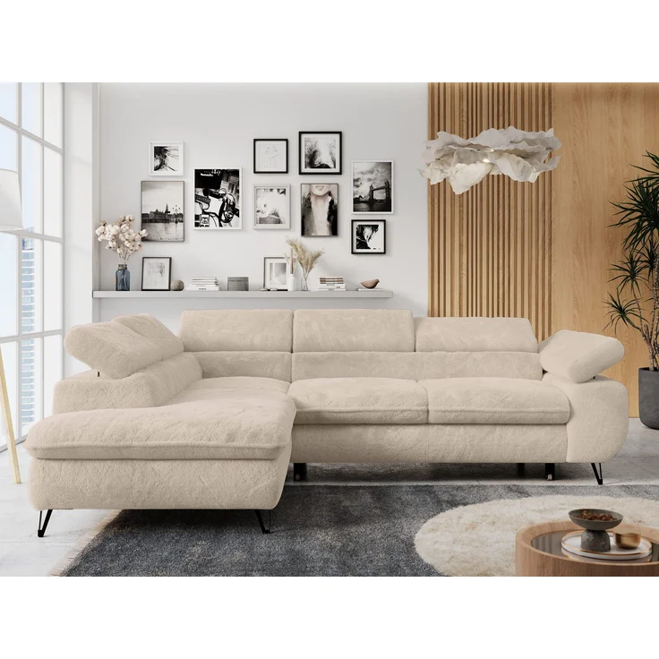 Ecksofa mit Bettfunktion, Modern Sofa, L-form, Einstellbare Kopfstützen, Bettkasten - PETER - Creme Plüsch - links – Bild 1
