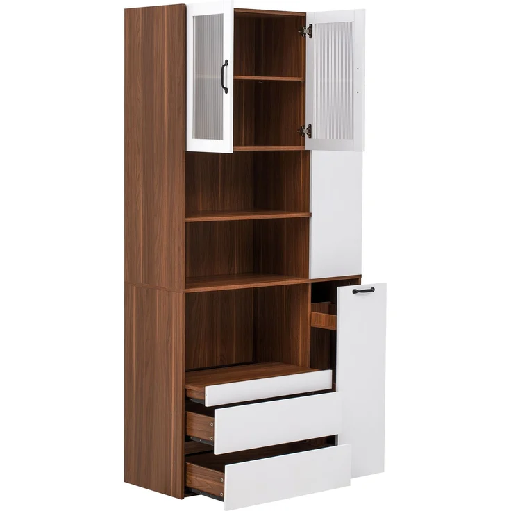 Merax Highboard mit verstellbaren Regalböden und Schubladen, Buffetschrank mit ausziehbaren Regalböden und Riffelglas(Weiß+Nussbaum) – Bild 8