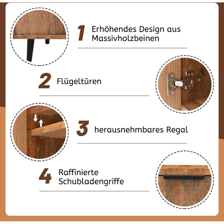 ZUBALIYA Kommode 140x35x70 cm, mit verstellbaren Einlegeböden, aus Spanplatte, Antikbraun – Bild 22