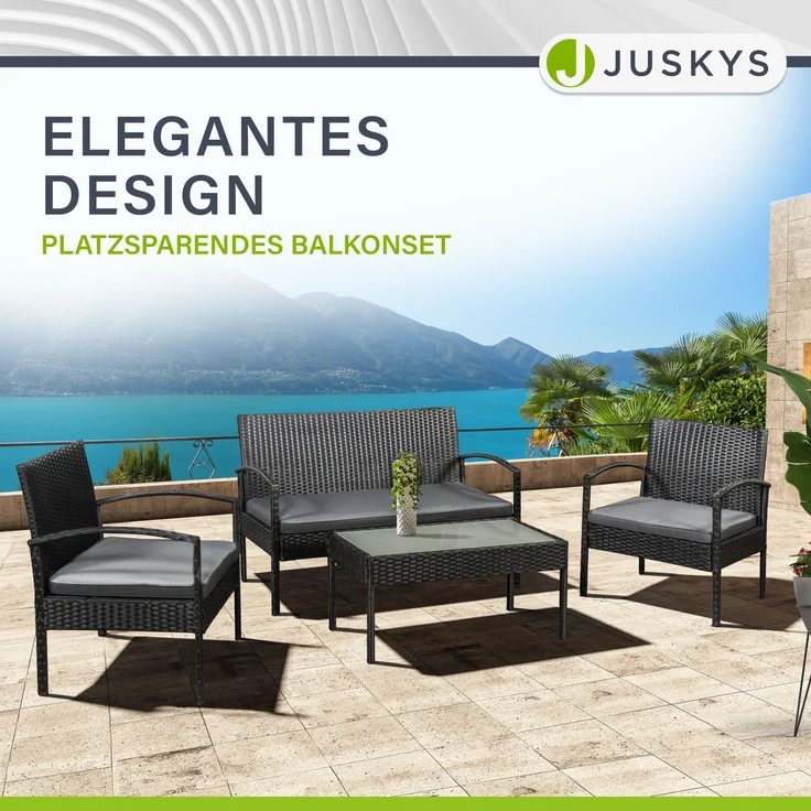 Juskys Polyrattan Gartenmöbel-Set Trinidad – Balkonmöbel-Set mit Tisch, Sofa & 2 Stühlen – Sitzgruppe für 4 Personen Schwarz mit Auflagen Dunkelgrau – Bild 4