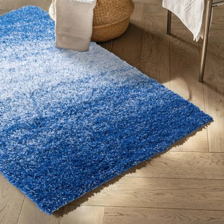 Floordirekt Badematte Wave, Rund, Flauschiger Badteppich, Rutschfest und Waschmaschinenfest, Schadstoffgeprüft, Blau/Weiß, 50 x 80 cm – Bild 2