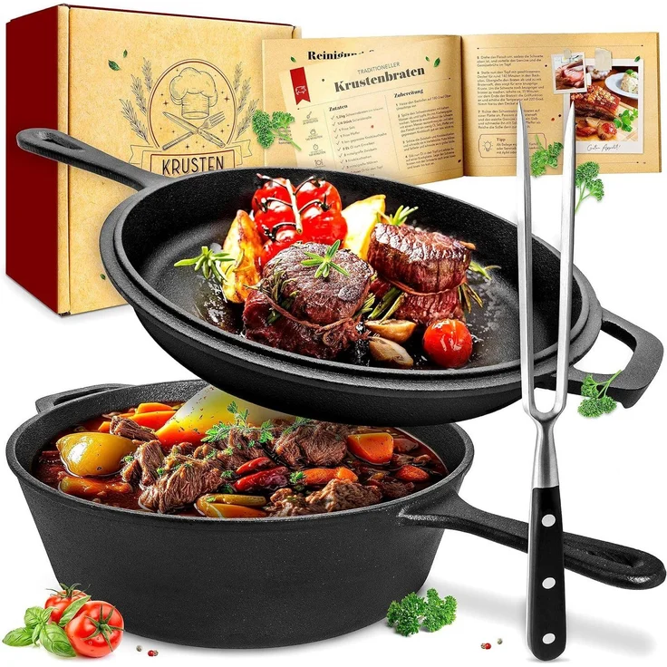 Krustenzauber Schmortopf Gusseisen Topf [inkl. Fleischgabel] -, (Robuster 26cm Gusseisen Bräter mit Deckel Backofengeeignet, Ideal als Schmortopf Induktion, Dutch Oven Set, Kazan, Cast Iron Pot) – Bild 1