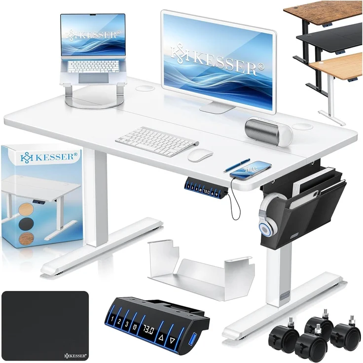 KESSER® Höhenverstellbarer Schreibtisch elektrisch, Ergonomisch Steh-Sitz Schreibtisch, 3-Funktions-Memory Steuerung, Inkl. 360° Rollen & USB-Ladeanschluss, Computertisch für Homeoffice, Weiß, 100 x 60 cm – Bild 1
