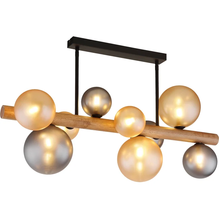 LED Deckenleuchte aus Holz 9-flammig Glaskugeln Rauchglas & Bernstein, B: 78cm – Bild 8