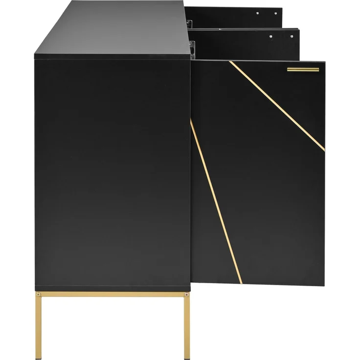 Merax Sideboard mit vier Türen, Metallfüßen, TV-Schrank, Kleiderschrank, geradliniges Design mit Metalllinien-Dekor, Schwarz+Golden – Bild 7